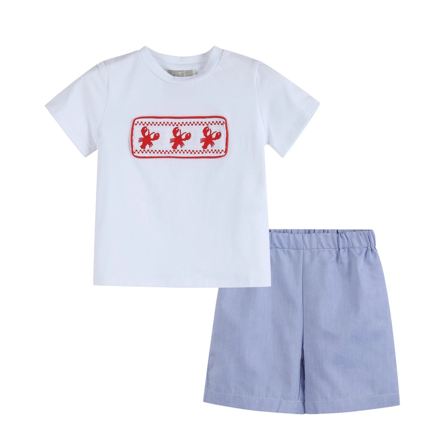 White Crawfish Smocked Tee and Denim Look Shorts Set