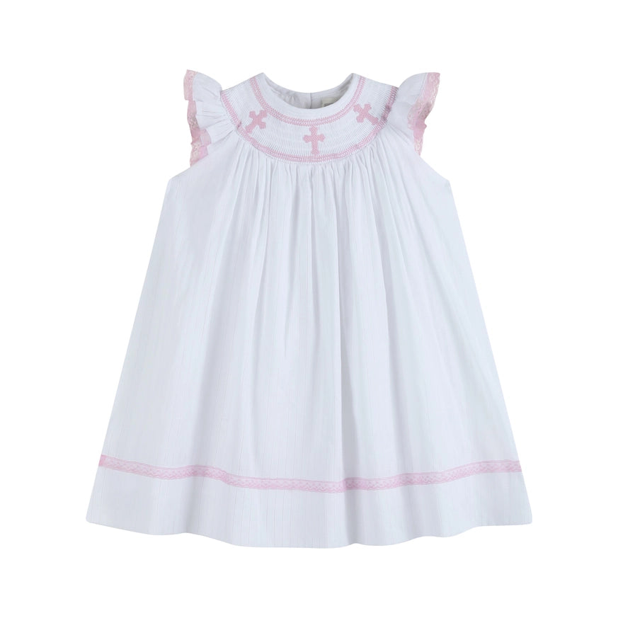 White & Pink Cross Smocked Dress